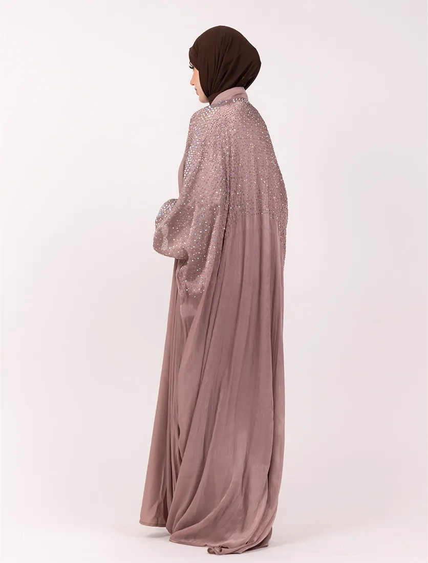 Pink Sparkle Crystal Embellished Sheer Overlay Abaya
